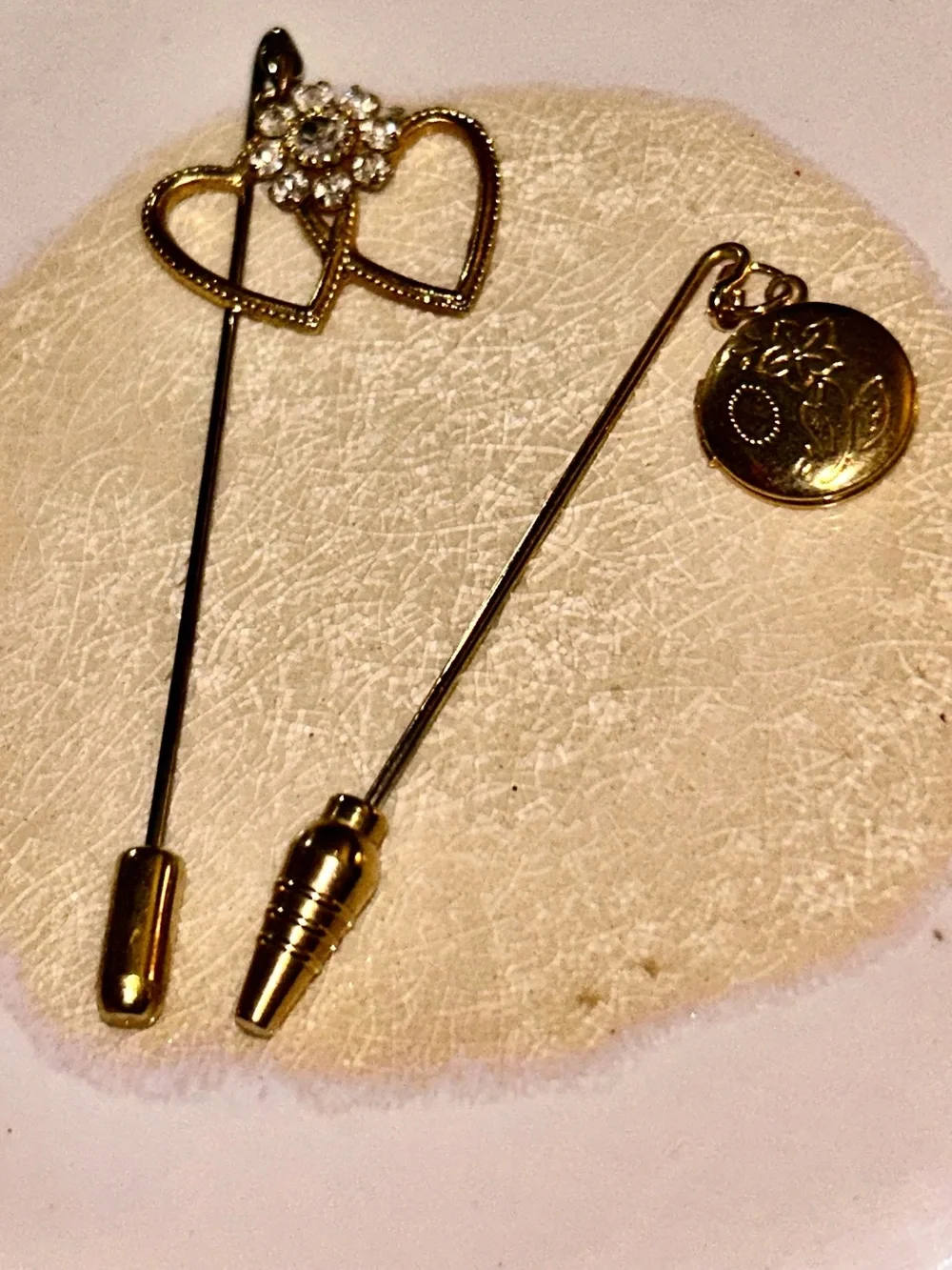 Gold-Tone Heart & Floral Locket Tie Stick Ladies Keepsake Pin Set of 2